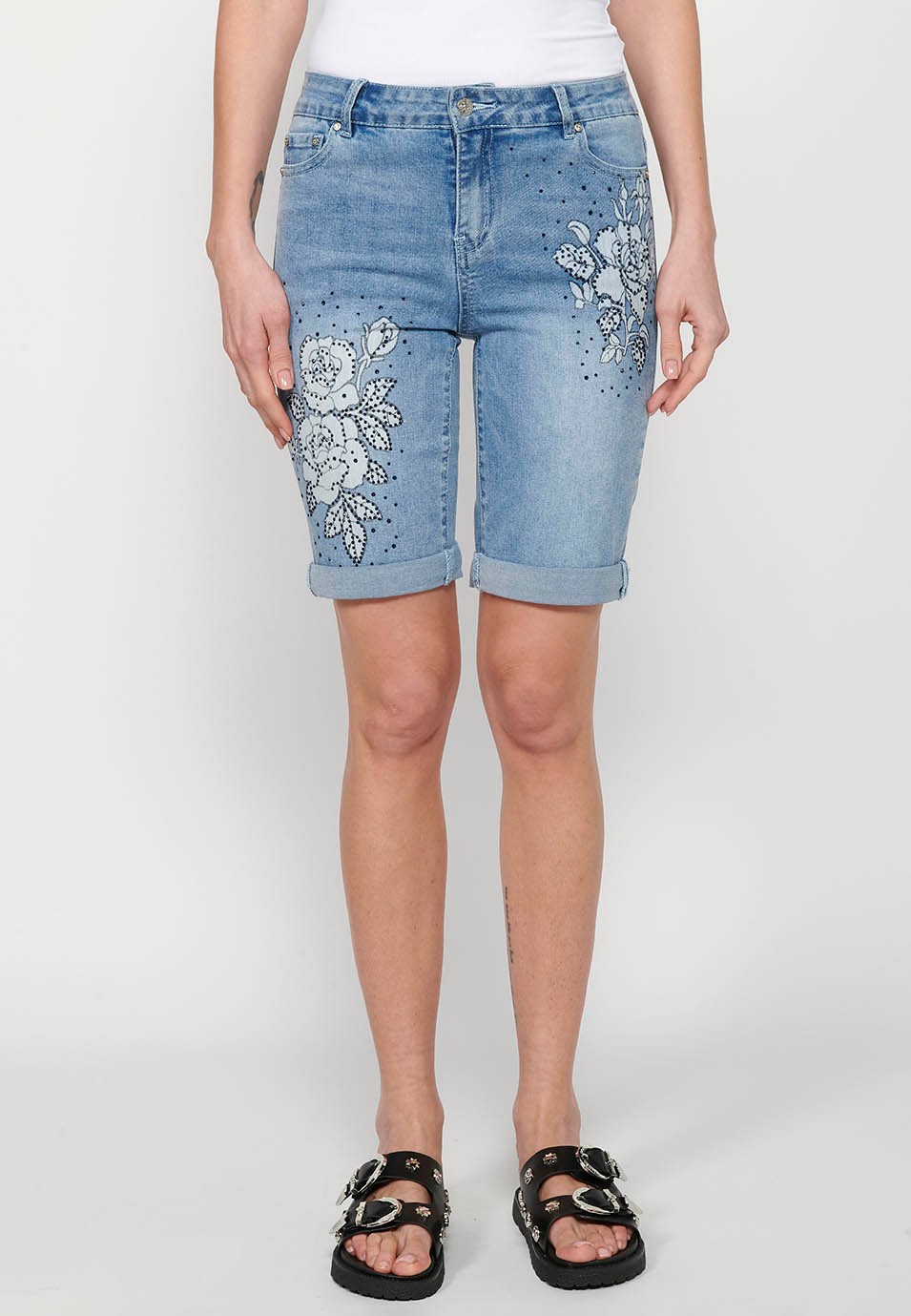 Shorts, floral embroidery, blue color for women