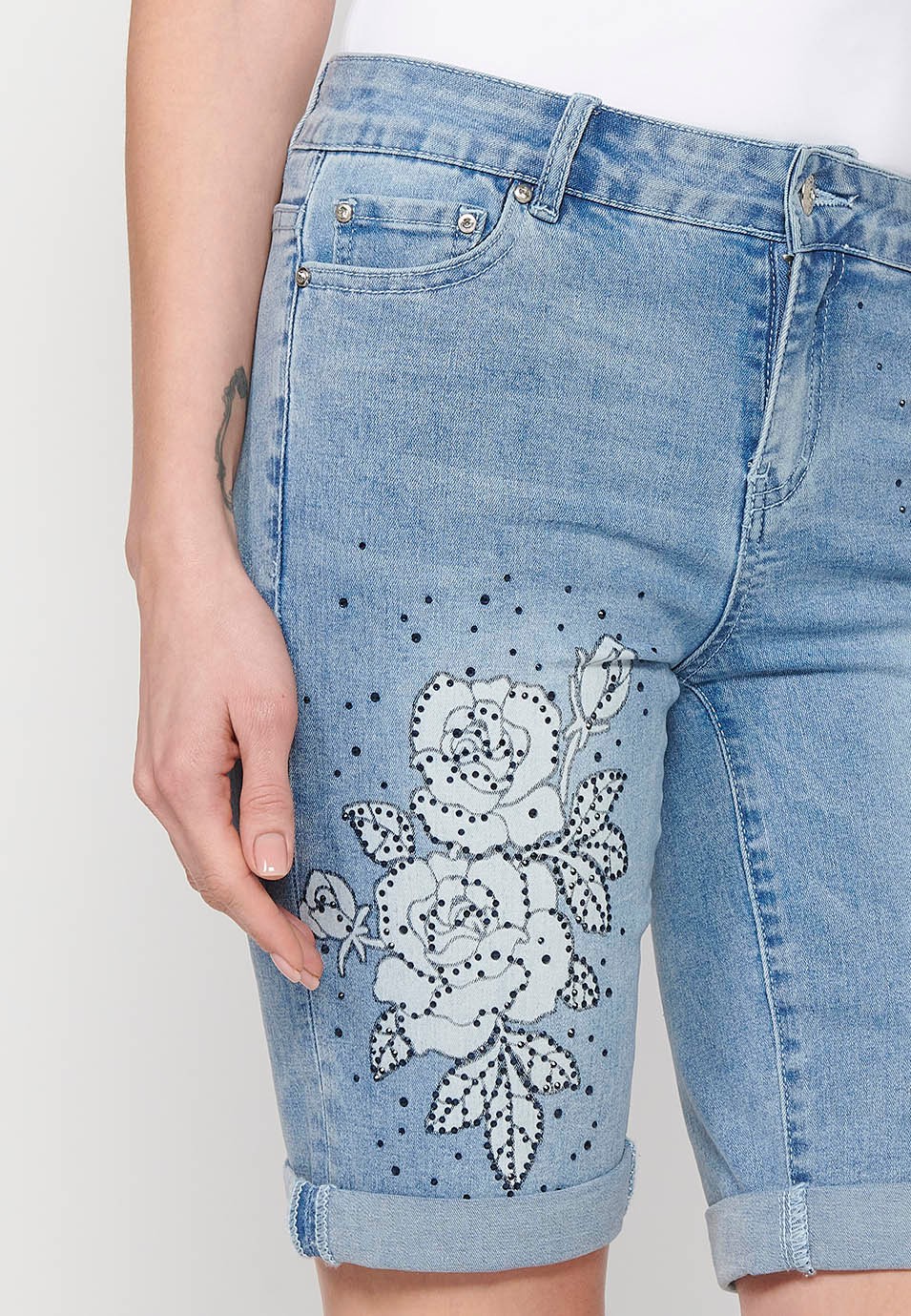 Shorts, floral embroidery, blue color for women