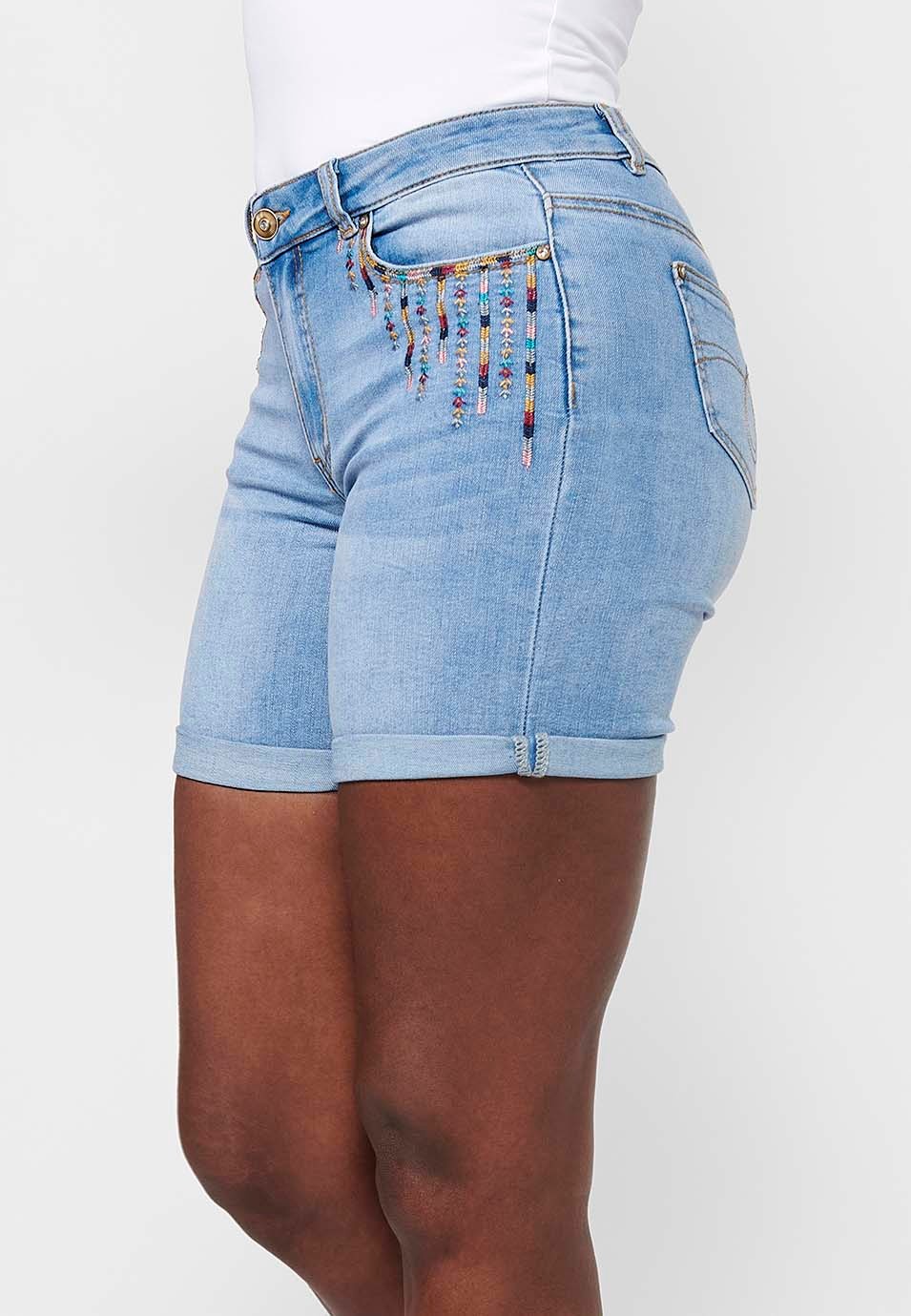 Shorts with cuffed finish with front zipper and button closure with embroidered details in Blue for Women 3