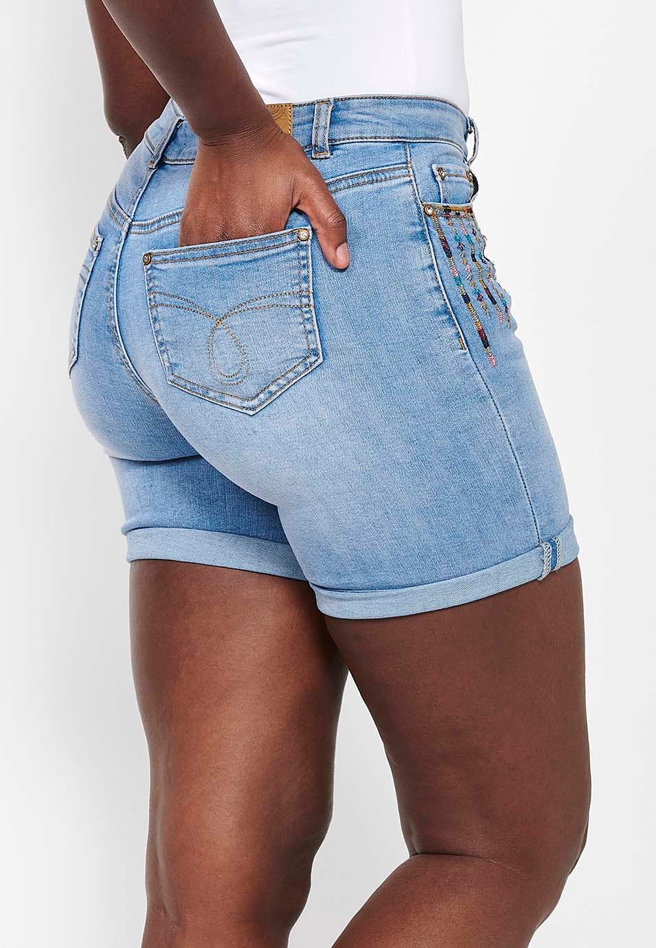 Shorts with cuffed finish with front zipper and button closure with embroidered details in Blue for Women 2
