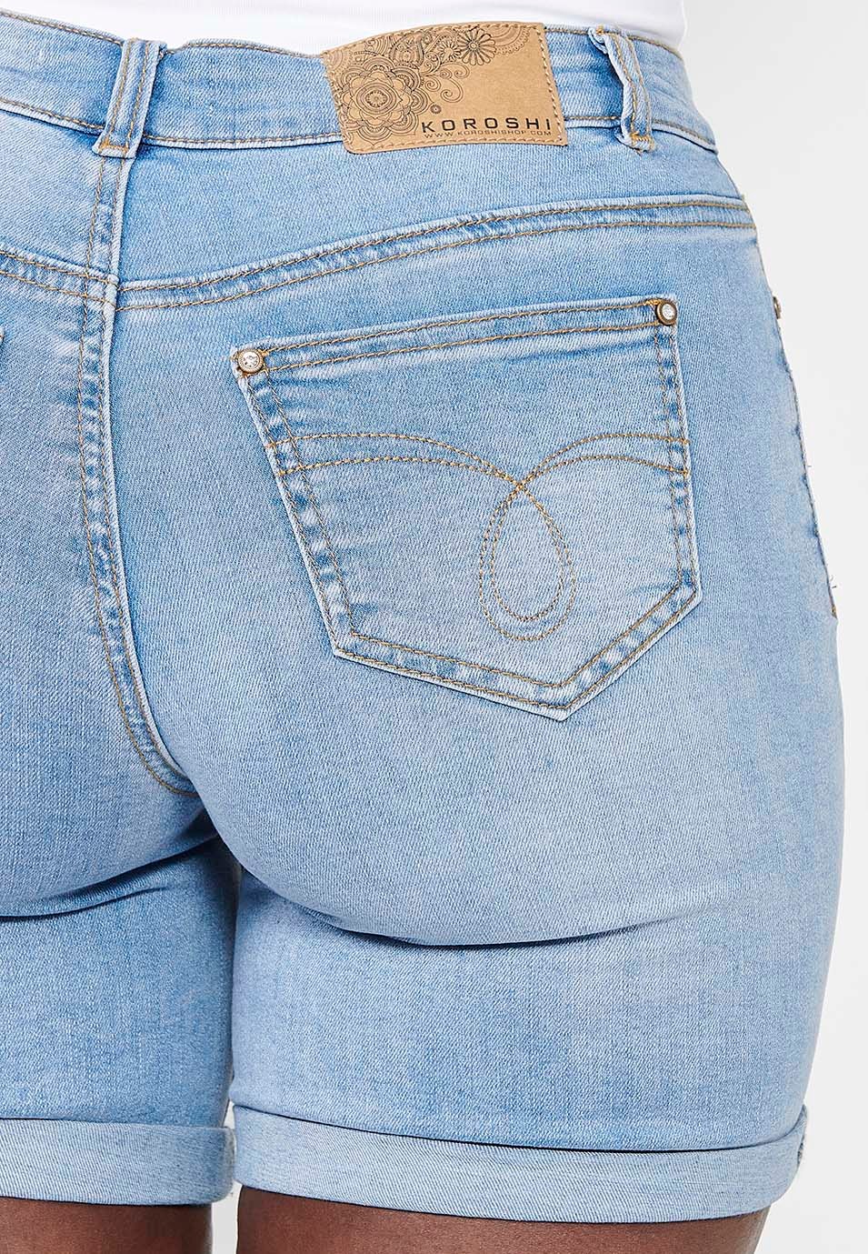 Shorts mit Bündchen, Reißverschluss vorne und Knopfverschluss mit gestickten Details in Blau für Damen 8