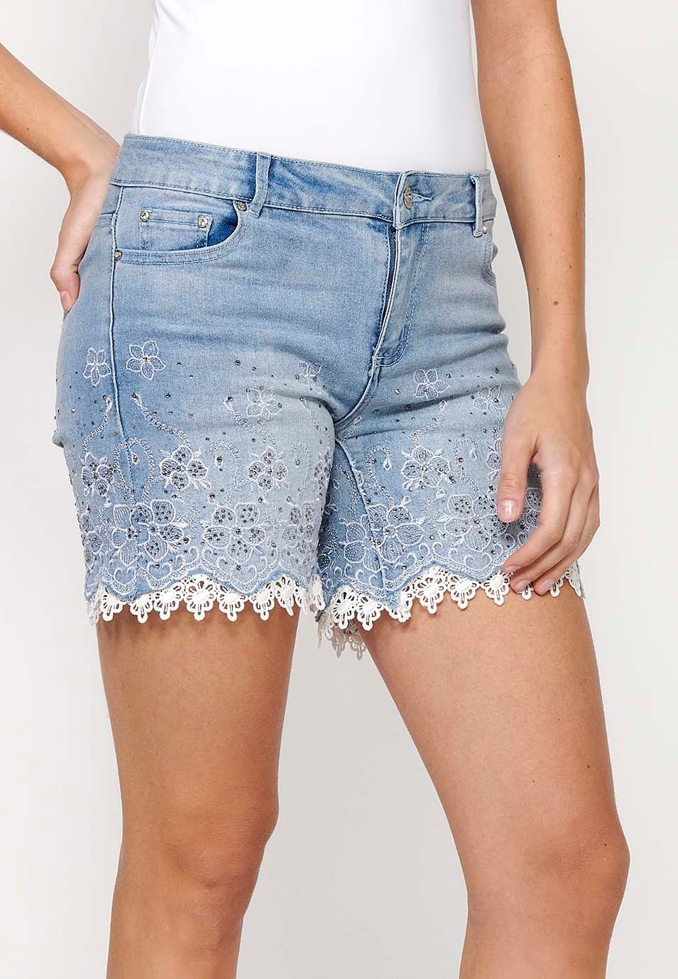 Short denim shorts finished with lace and floral embroidery with front closure with zipper and button with removable bow detail in Blue for Women 3