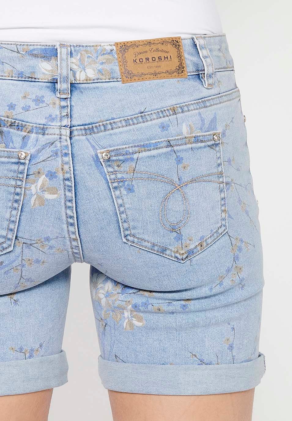 Shorts mit Umschlag, Reißverschluss und Knopfverschluss und blauem Blumendruck für Damen 9