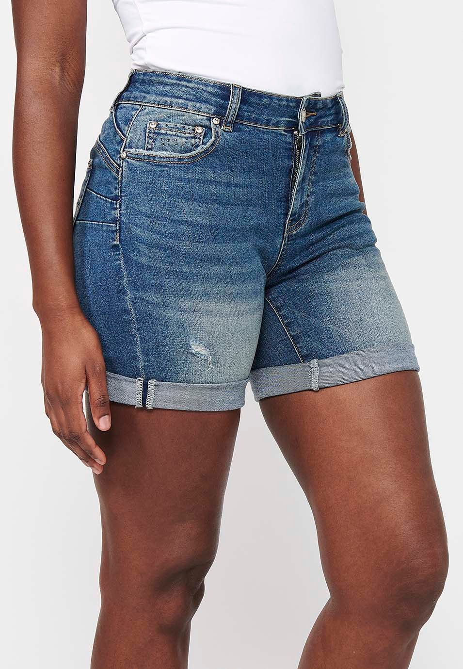 Blue Shorts with Ripped Details and Front Closure with Zipper and Button for Women 3