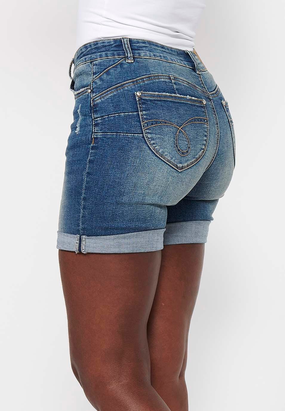 Blue Shorts with Ripped Details and Front Closure with Zipper and Button for Women 8