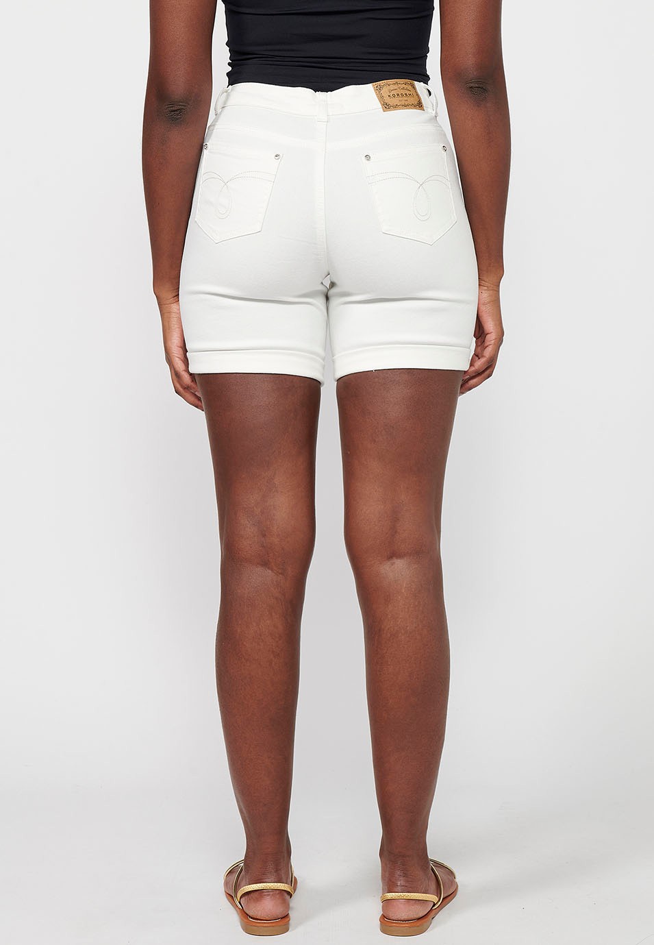Shorts with cuffed finish with embroidery, white color for women
