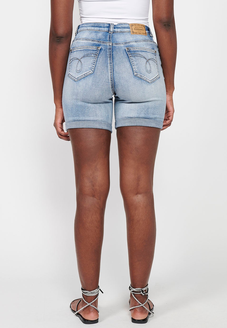 Blue Denim Shorts with Embroidered Details and Front Closure with Zipper and Button for Women 3