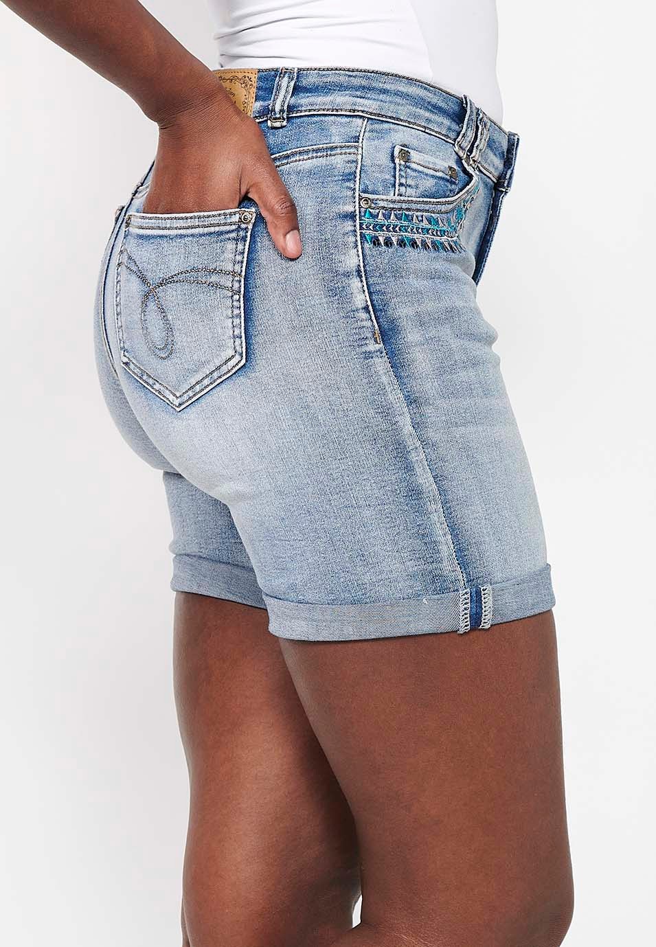 Blue Denim Shorts with Embroidered Details and Front Closure with Zipper and Button for Women 2