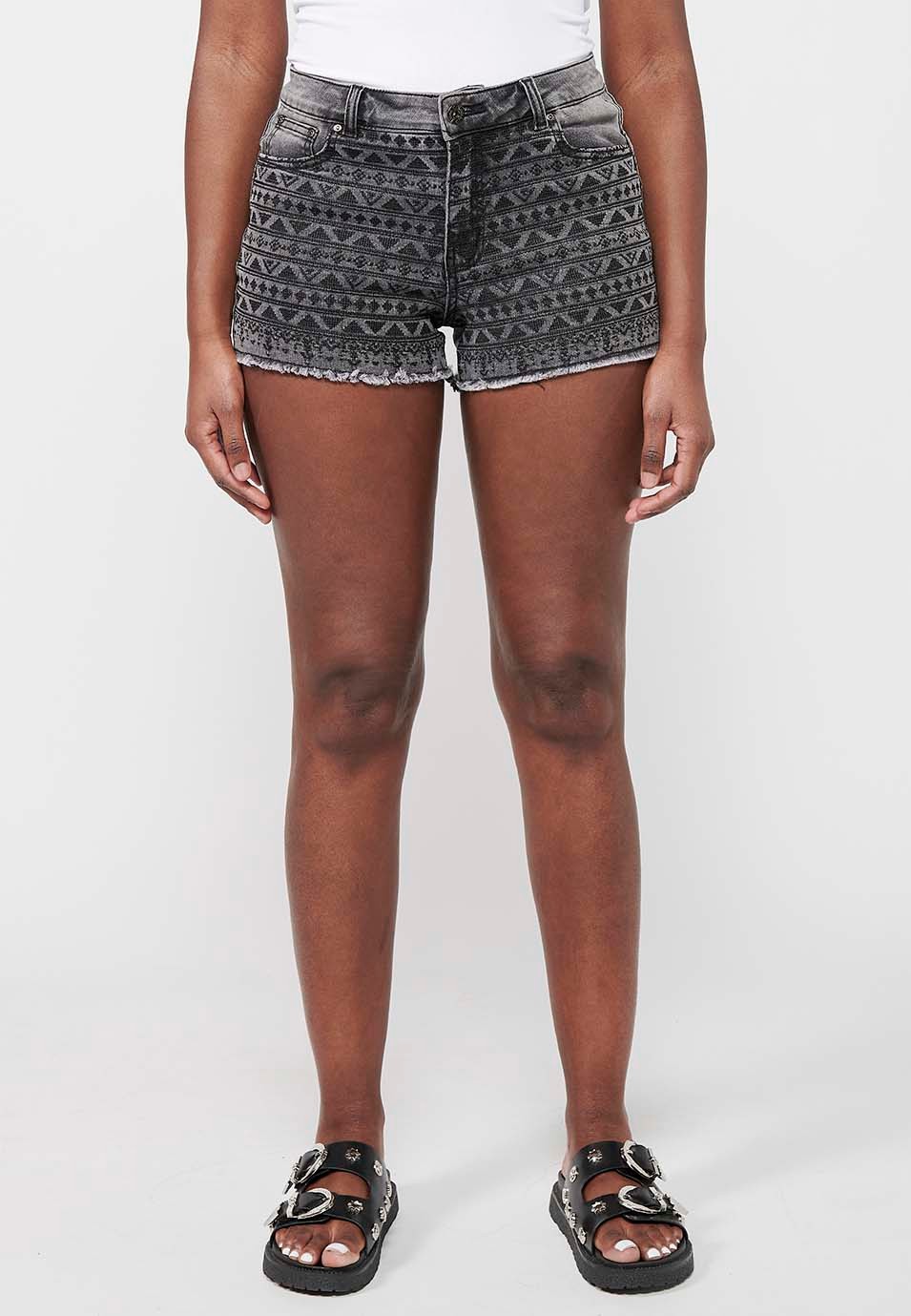 Short, fermeture avant avec fermeture éclair et bouton, couleur denim noir pour femme