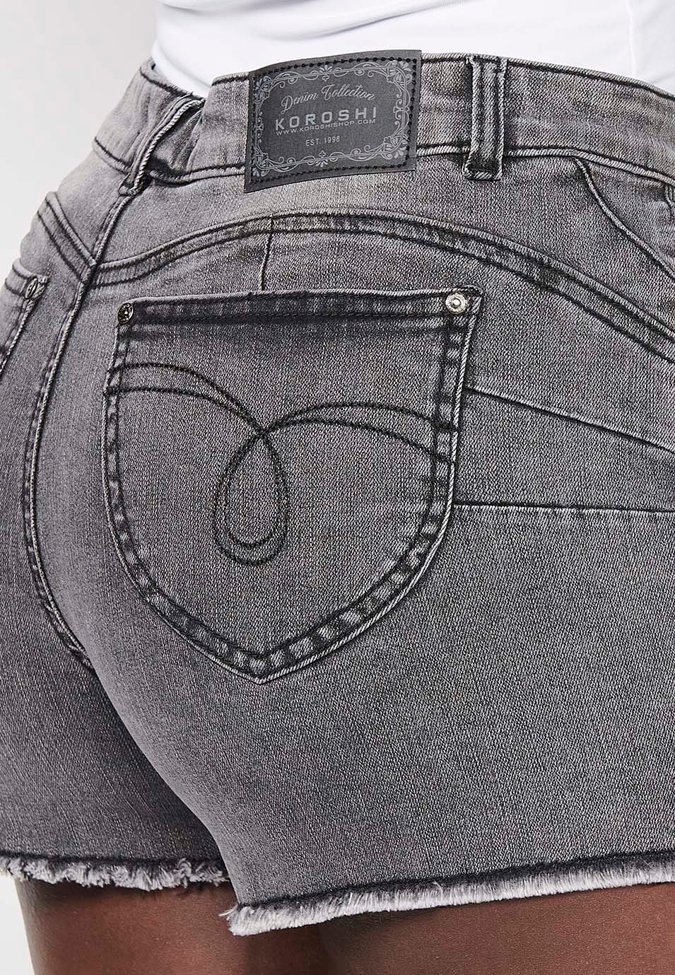 Shorts, Frontverschluss mit Reißverschluss und Knopf, schwarze Jeansfarbe für Damen