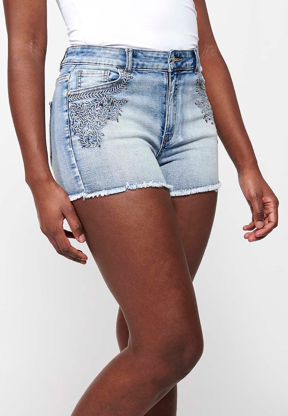 Frayed finish shorts with floral embroidery, light blue color for women