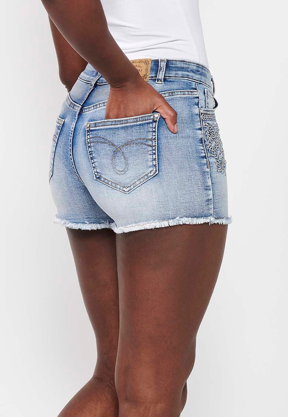 Frayed finish shorts with floral embroidery, light blue color for women