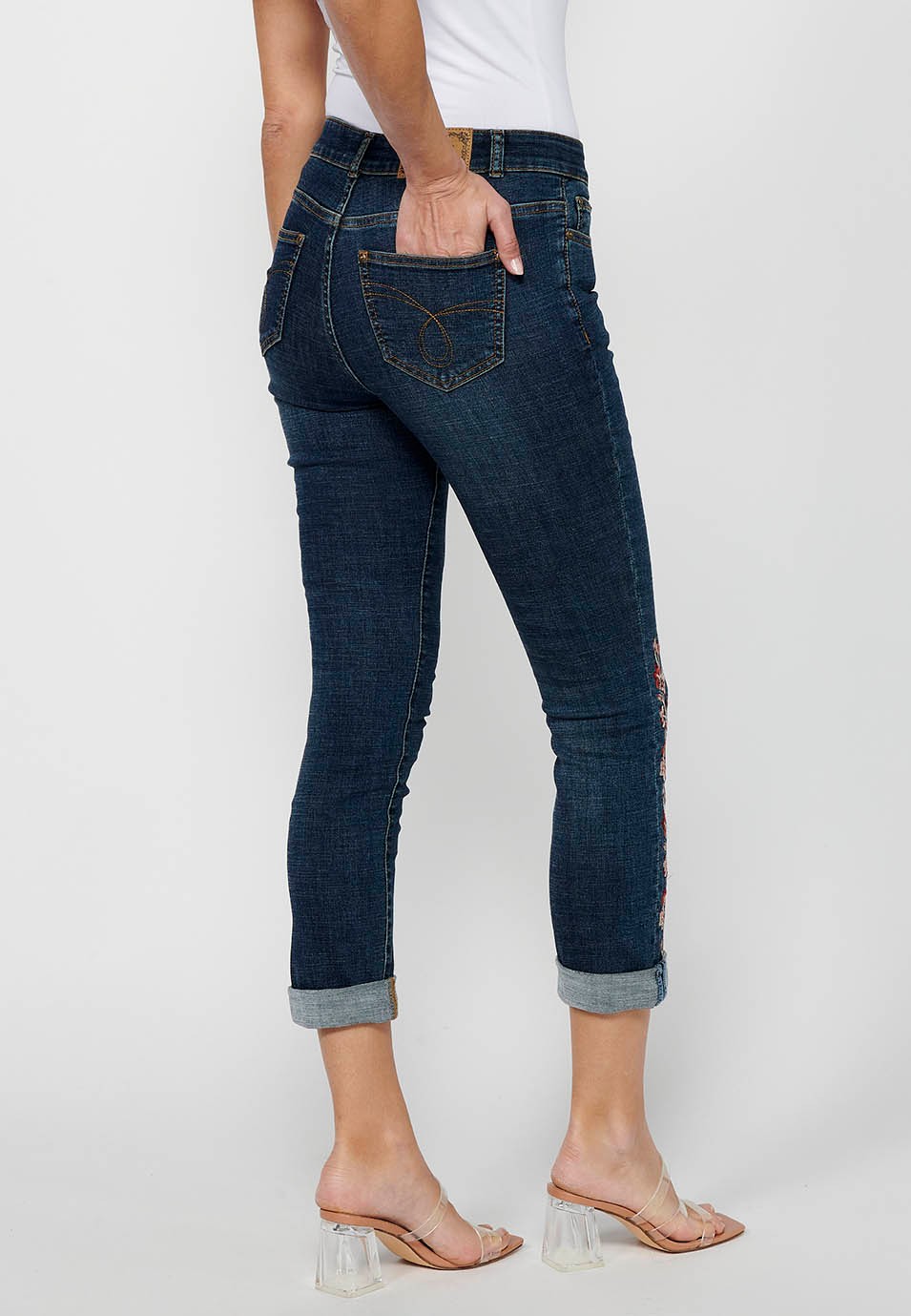 Long slim denim pants with front closure with zipper and button in Dark Blue for Women 9