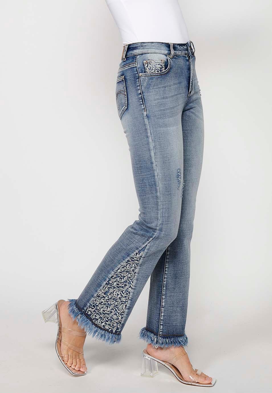Long pants with flared finish with side embroidered details and front closure with zipper and button in Blue for Women 4