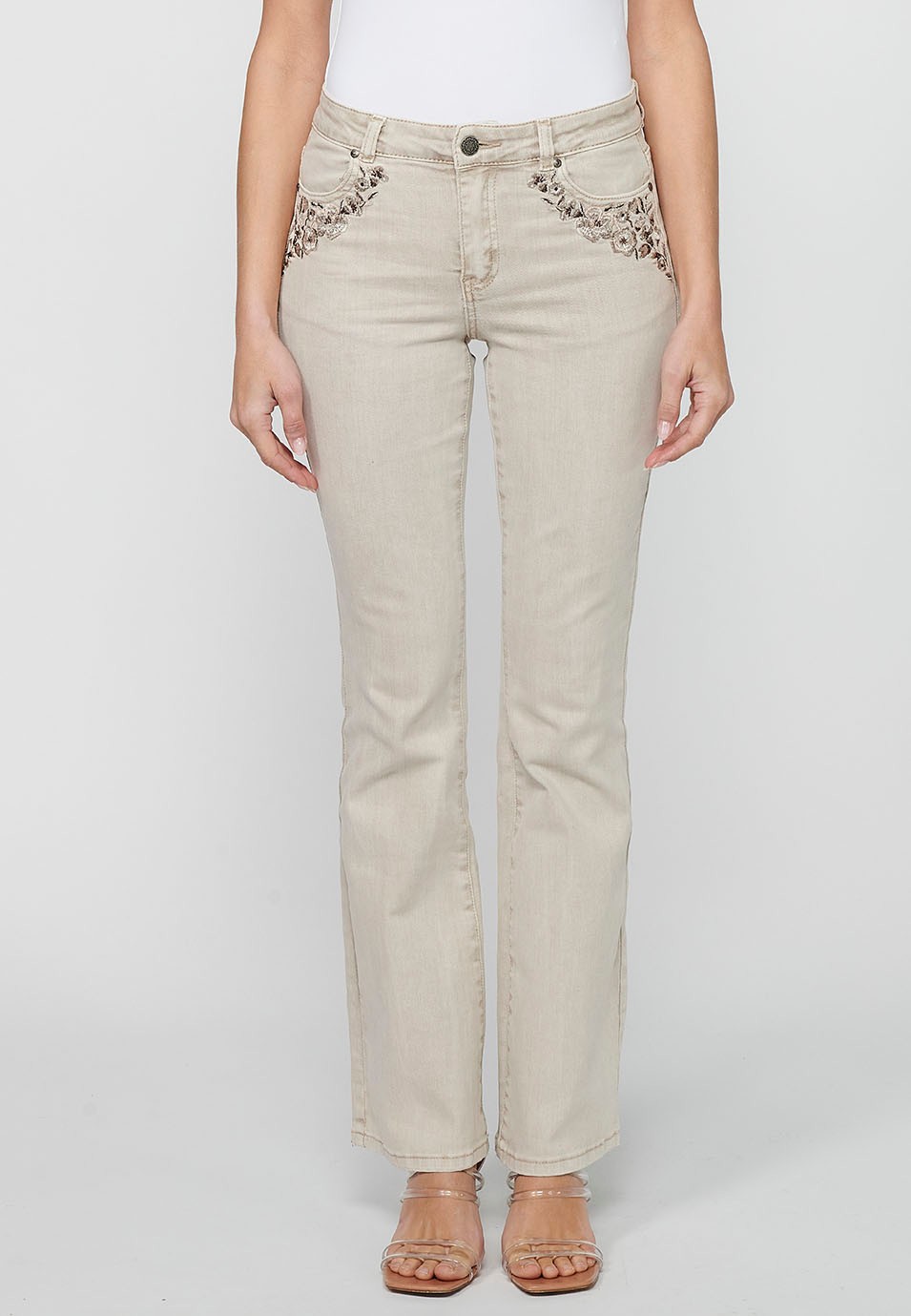 Long bell bottom pants with front zipper closure in Beige for Women 3