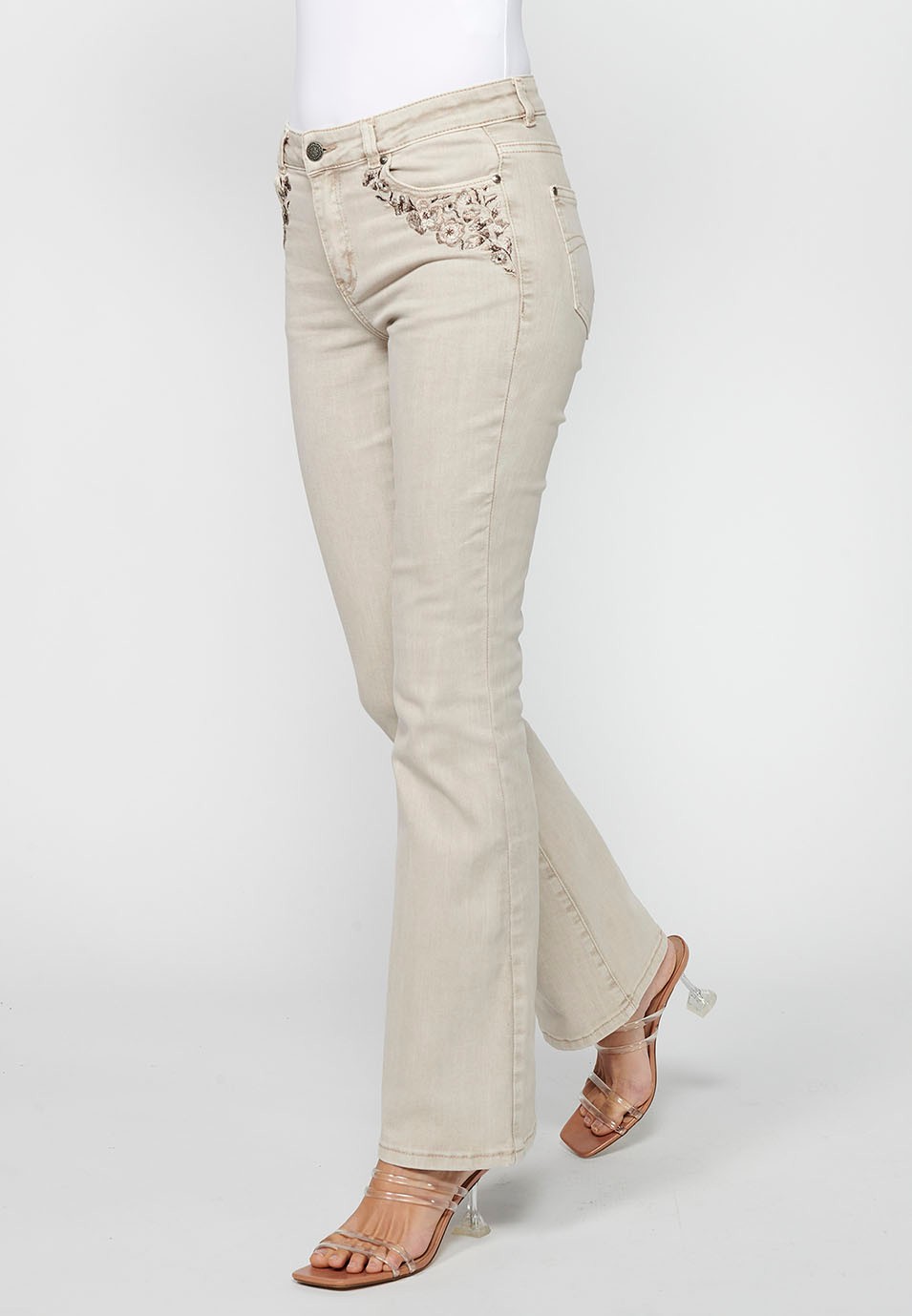 Long bell bottom pants with front zipper closure in Beige for Women 2