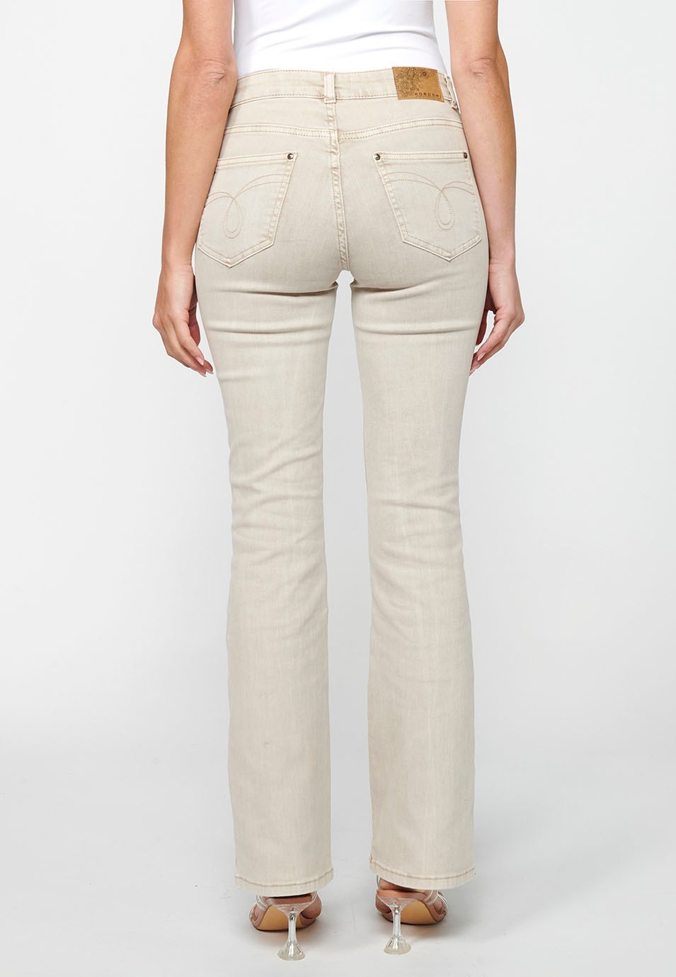 Long bell bottom pants with front zipper closure in Beige for Women 4