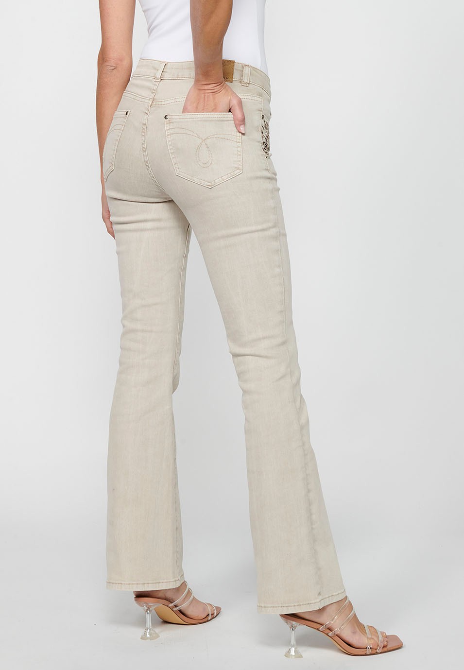 Long bell bottom pants with front zipper closure in Beige for Women 5