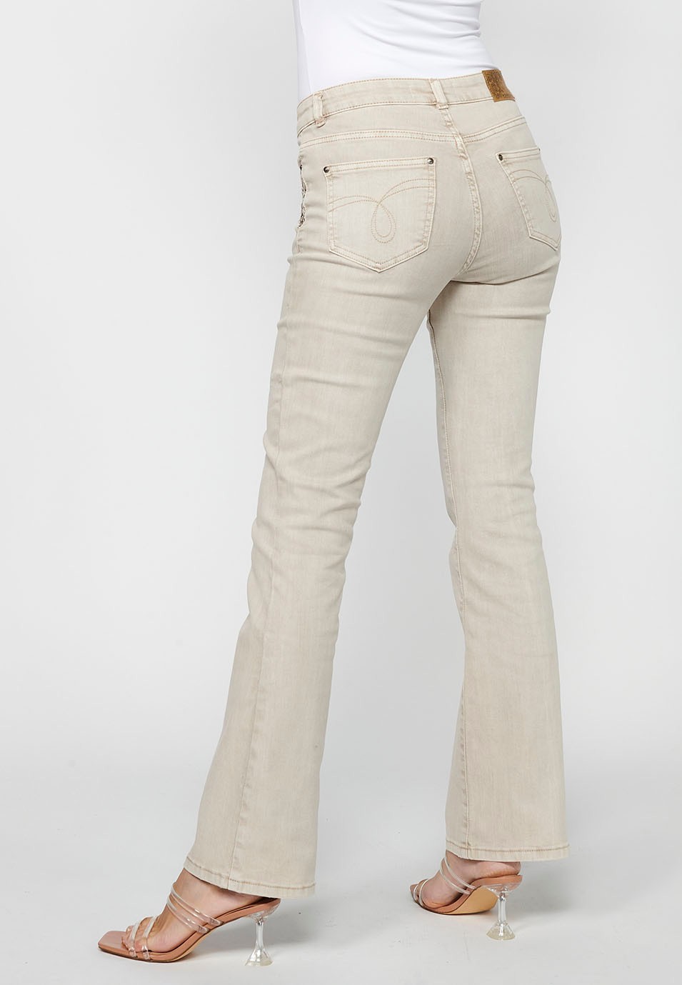 Long bell bottom pants with front zipper closure in Beige for Women 7