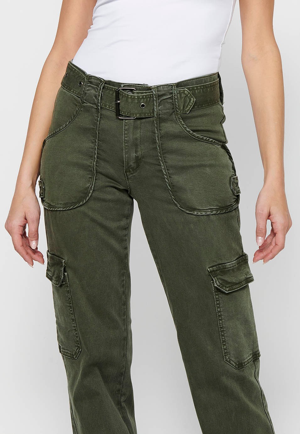 Long straight-cut pants with front zipper closure and button with patch pockets in Khaki Color for Women 5
