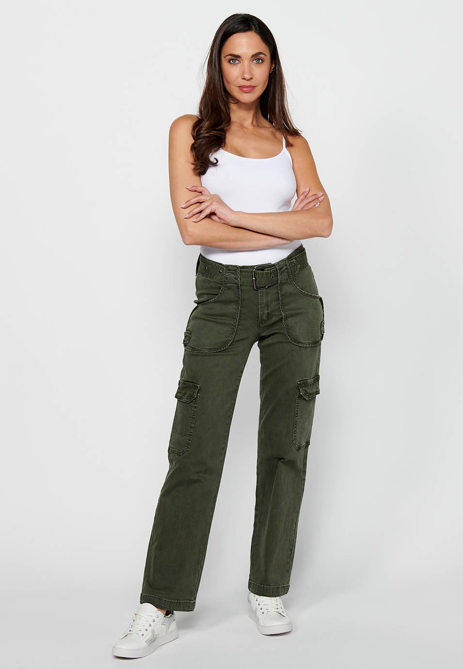 Long straight-cut pants with front zipper closure and button with patch pockets in Khaki Color for Women