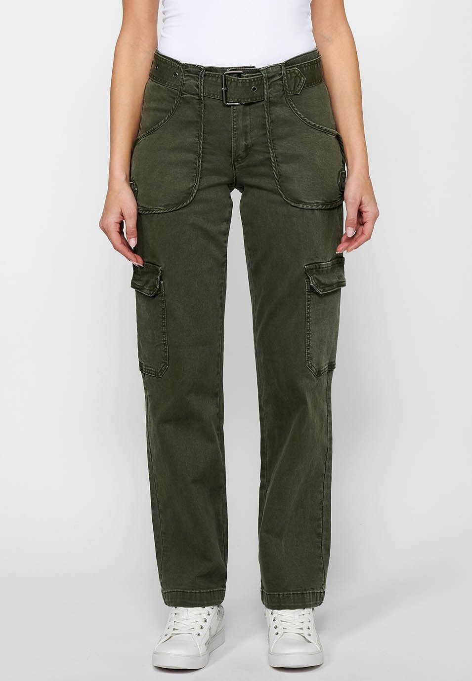 Long straight-cut pants with front zipper closure and button with patch pockets in Khaki Color for Women 4