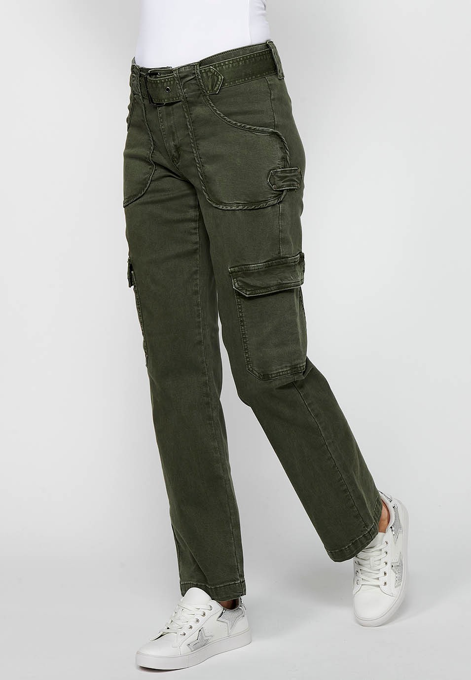 Long straight-cut pants with front zipper closure and button with patch pockets in Khaki Color for Women 2