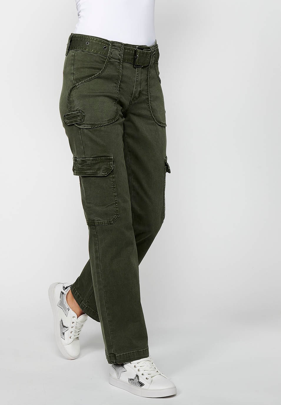Long straight-cut pants with front zipper closure and button with patch pockets in Khaki Color for Women 3