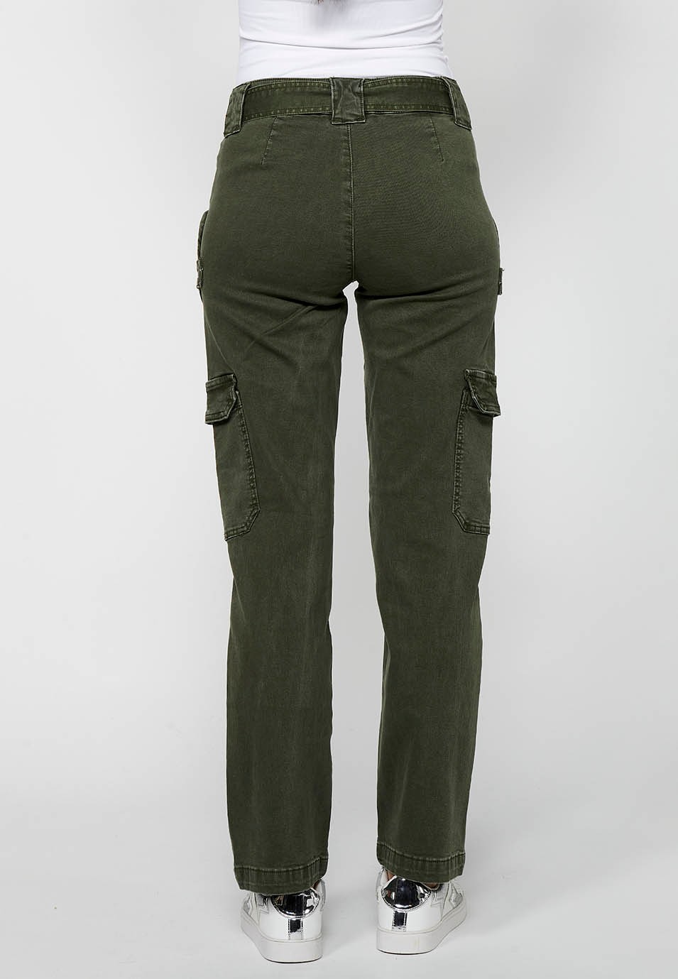 Long straight-cut pants with front zipper closure and button with patch pockets in Khaki Color for Women 1