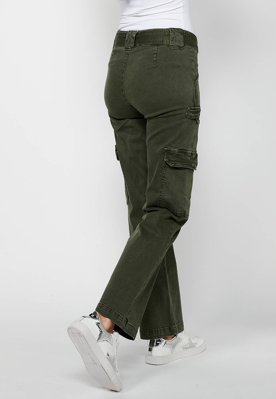 Long straight-cut pants with front zipper closure and button with patch pockets in Khaki Color for Women 8