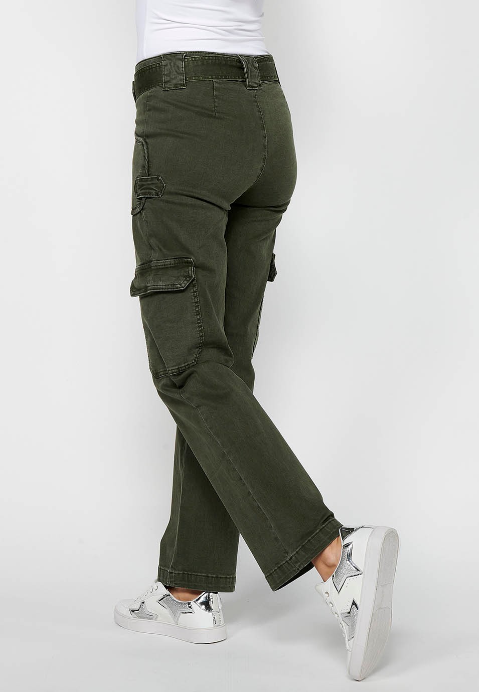 Long straight-cut pants with front zipper closure and button with patch pockets in Khaki Color for Women 7