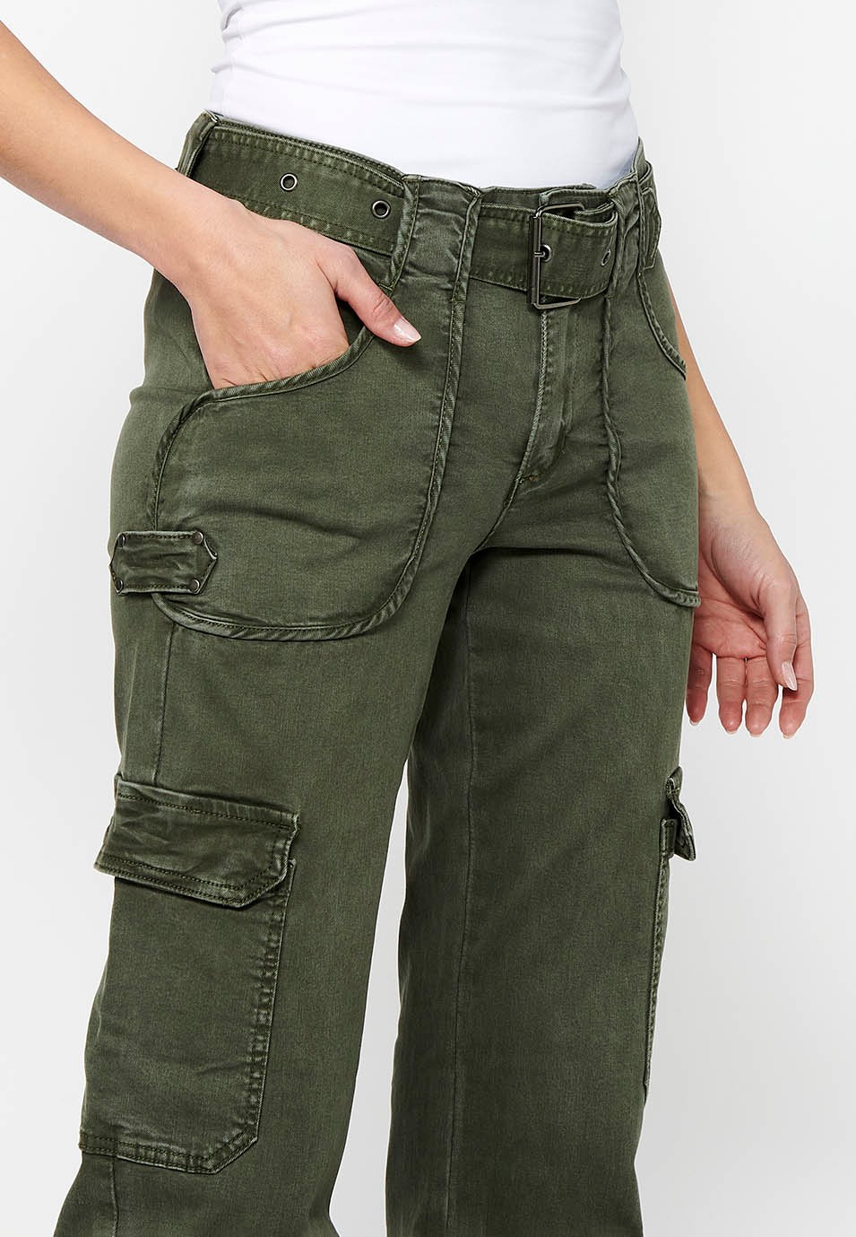 Long straight-cut pants with front zipper closure and button with patch pockets in Khaki Color for Women 9