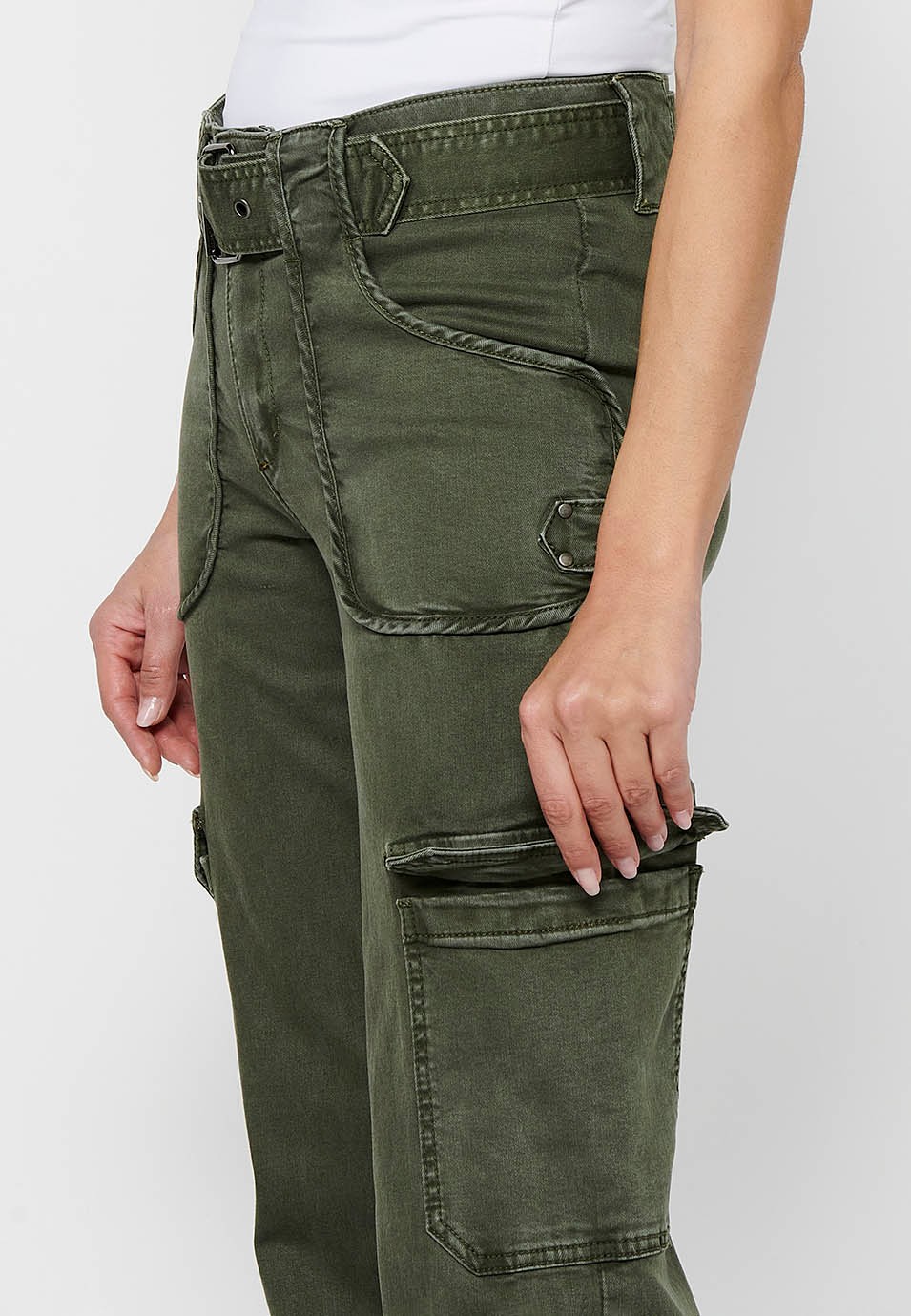 Long straight-cut pants with front zipper closure and button with patch pockets in Khaki Color for Women 6