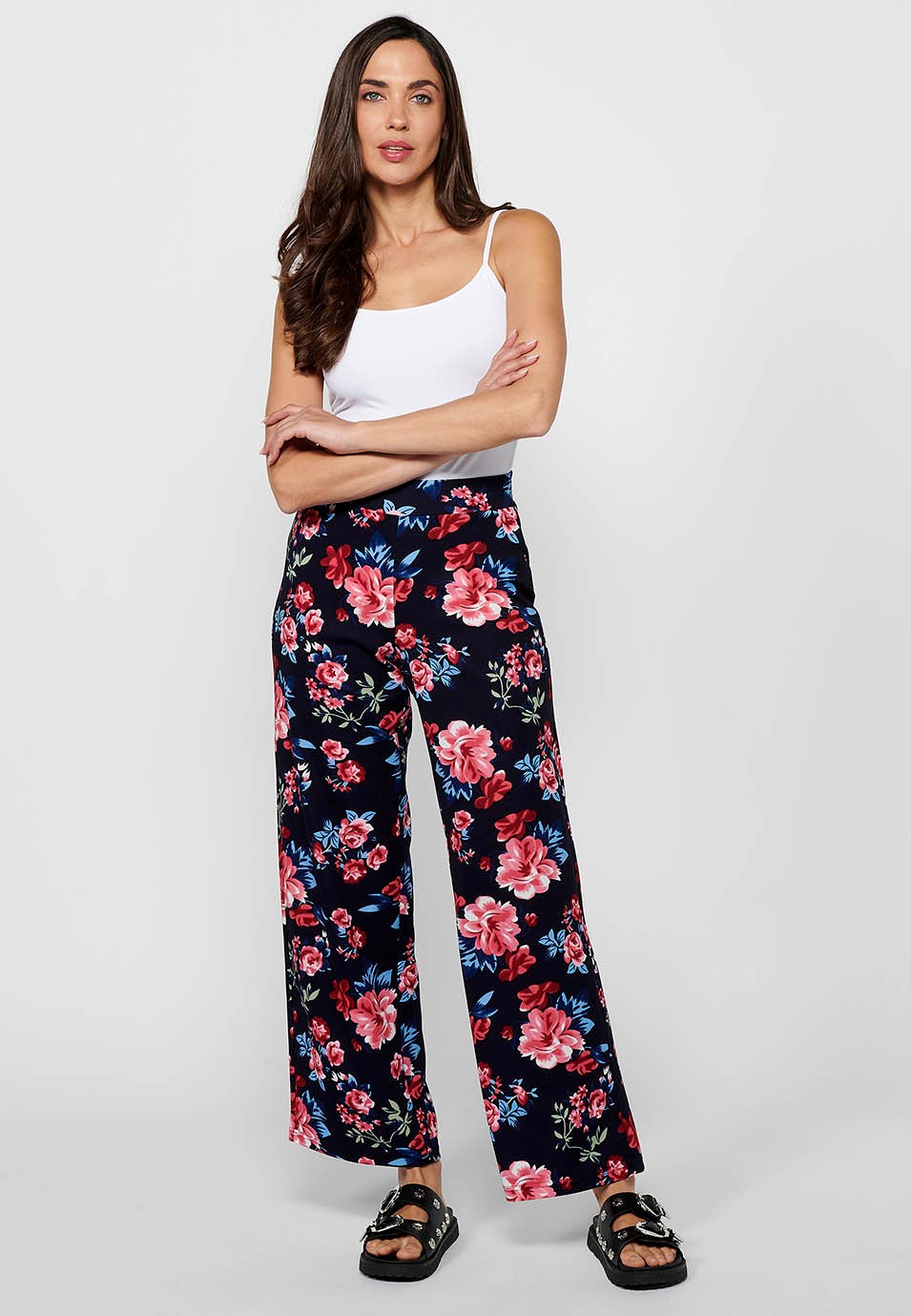 Loose long pants with elastic rubberized waist and Navy floral print for Women