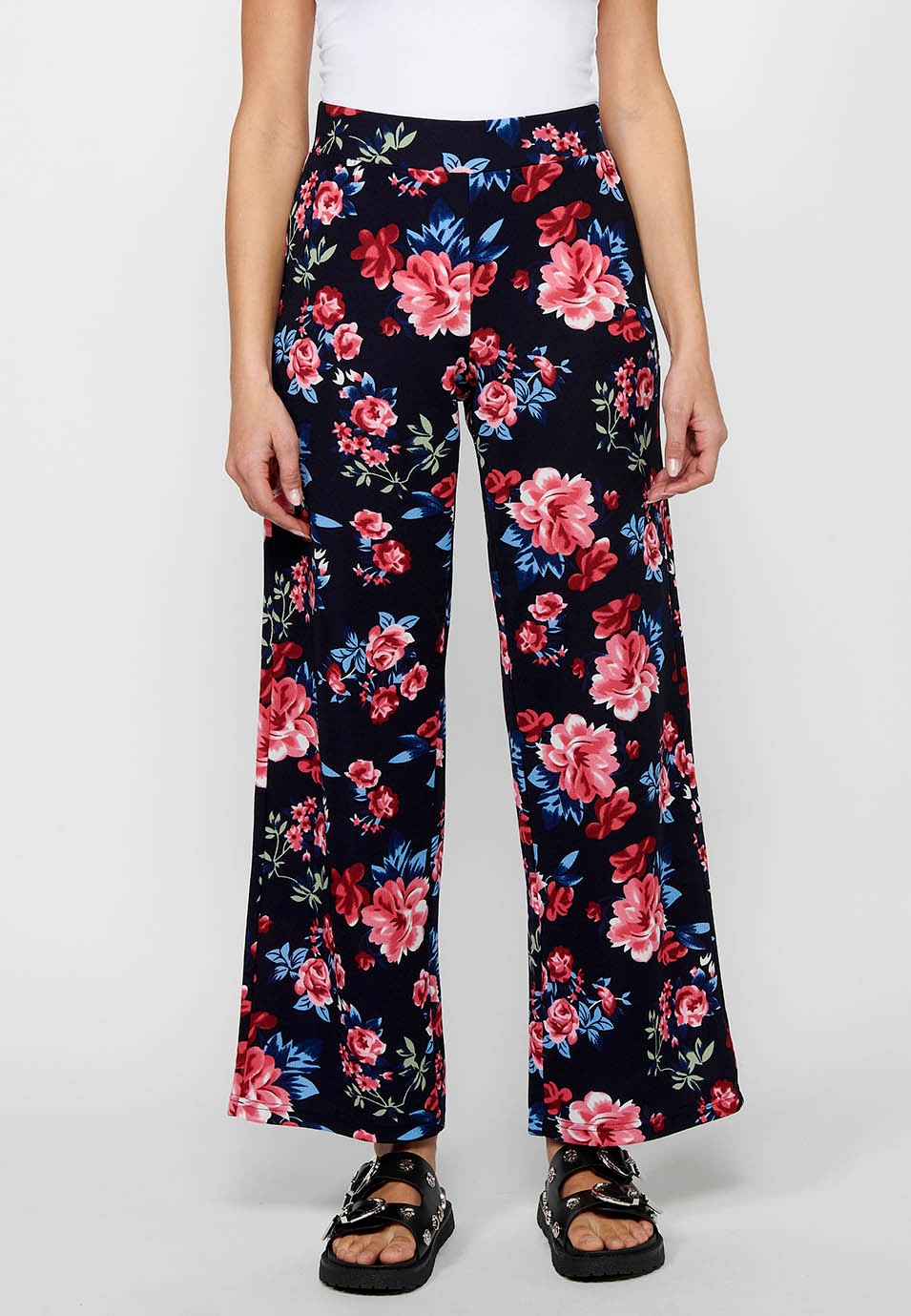 Lockere lange Hose mit elastischem, gummiertem Bund und marineblauem Blumendruck für Damen 2