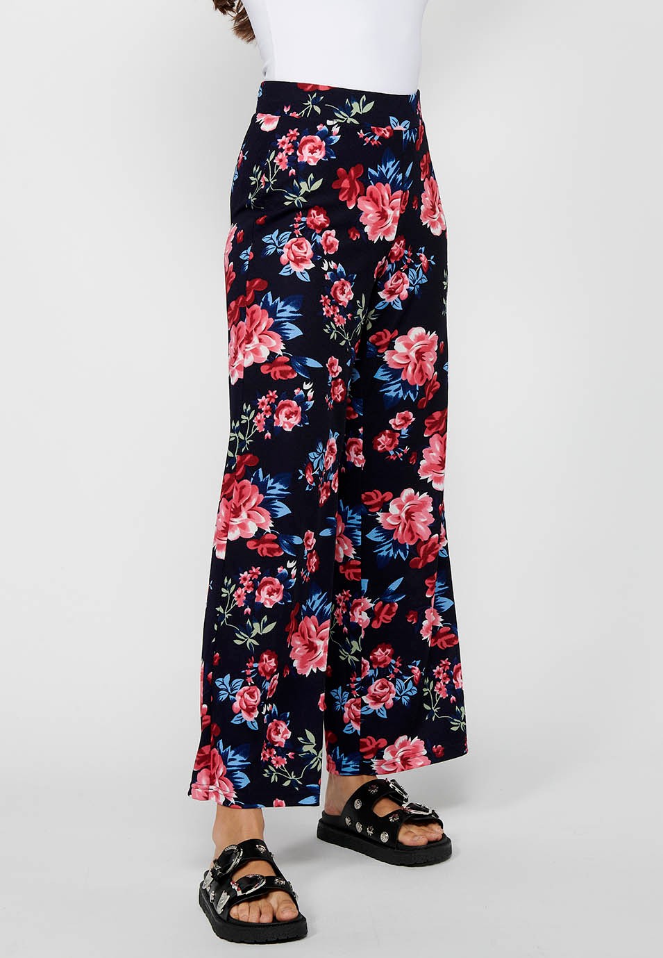 Pantalon long ample avec taille élastique caoutchoutée et imprimé floral Marine pour Femme 4