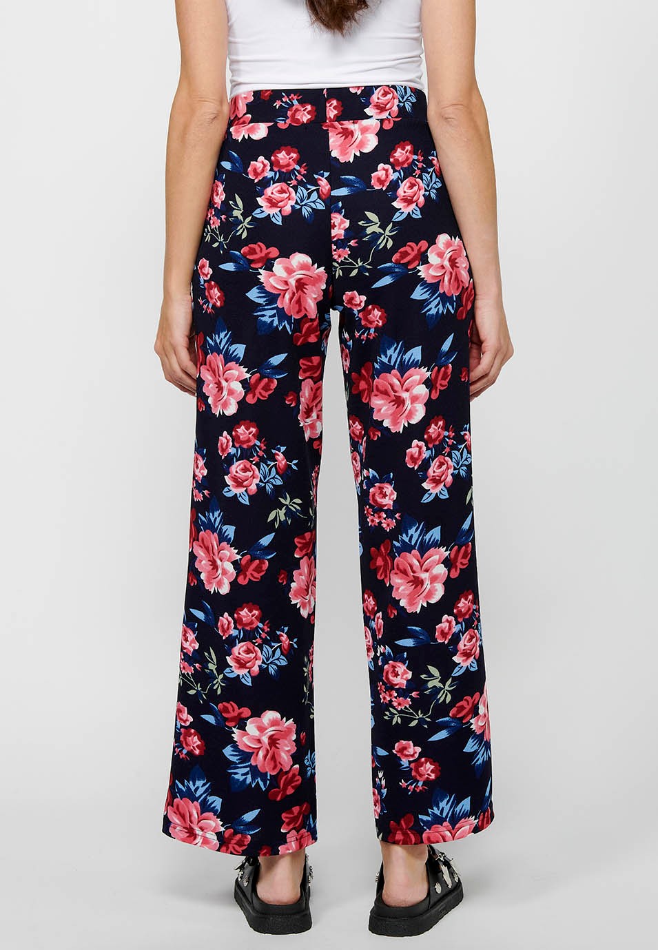 Loose long pants with elastic rubberized waist and Navy floral print for Women 1