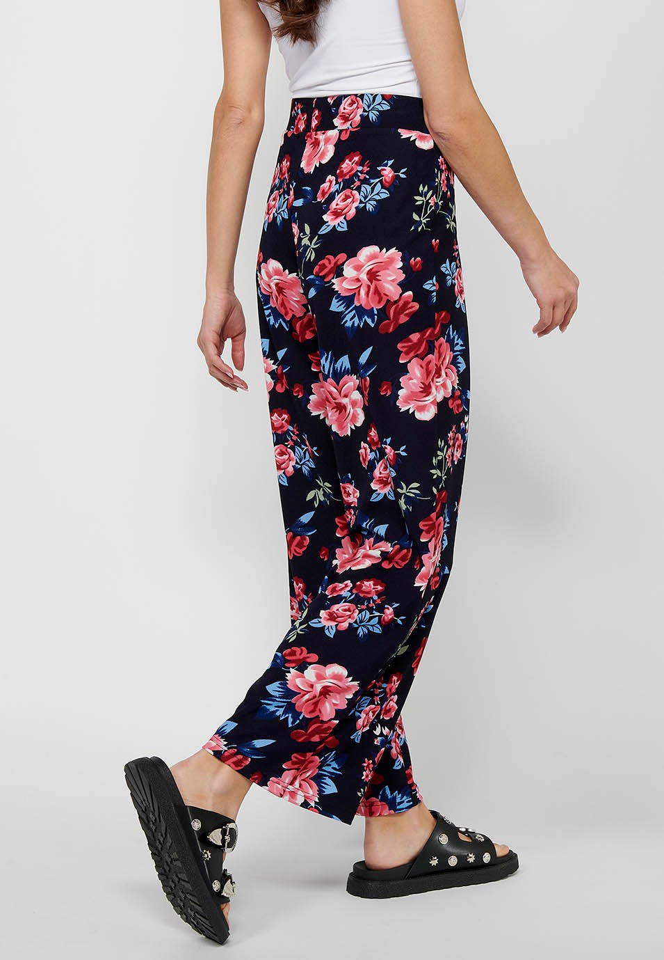 Pantalon long ample avec taille élastique caoutchoutée et imprimé floral Marine pour Femme 6
