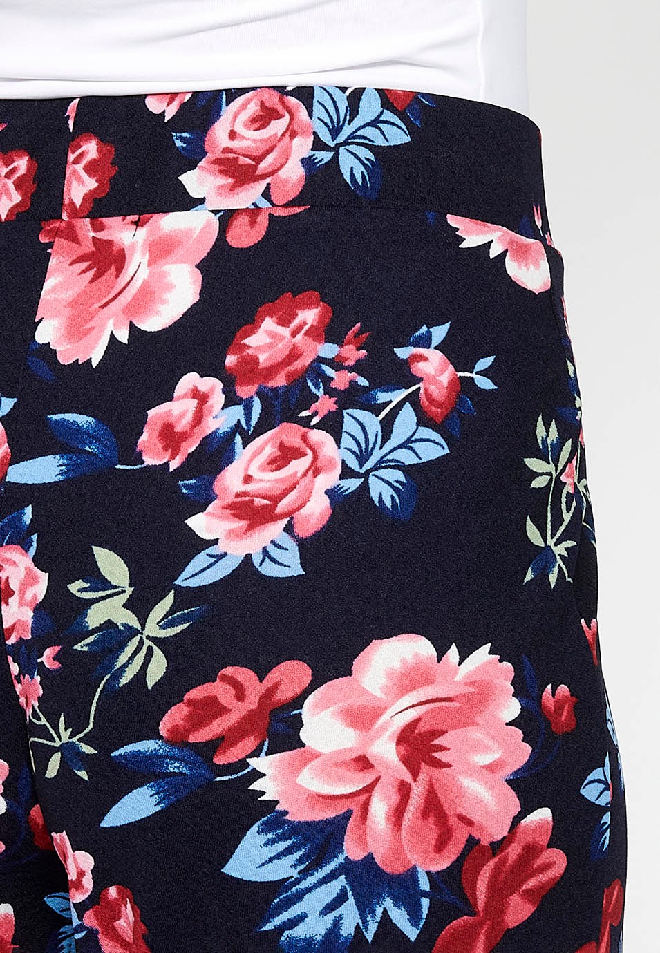 Loose long pants with elastic rubberized waist and Navy floral print for Women 5