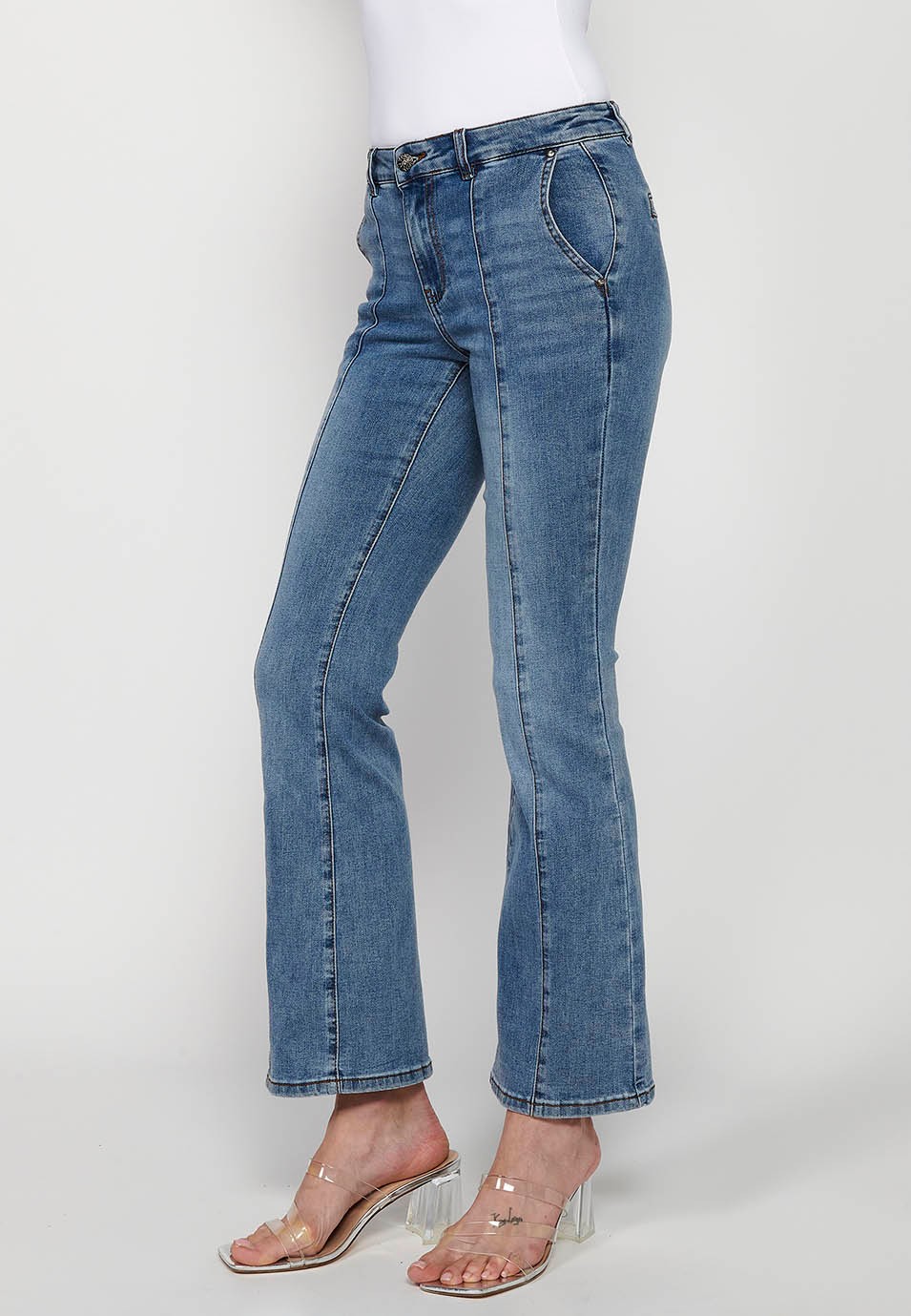 Long pants with bell bottom and front seam with front closure with zipper and button in Blue for Women