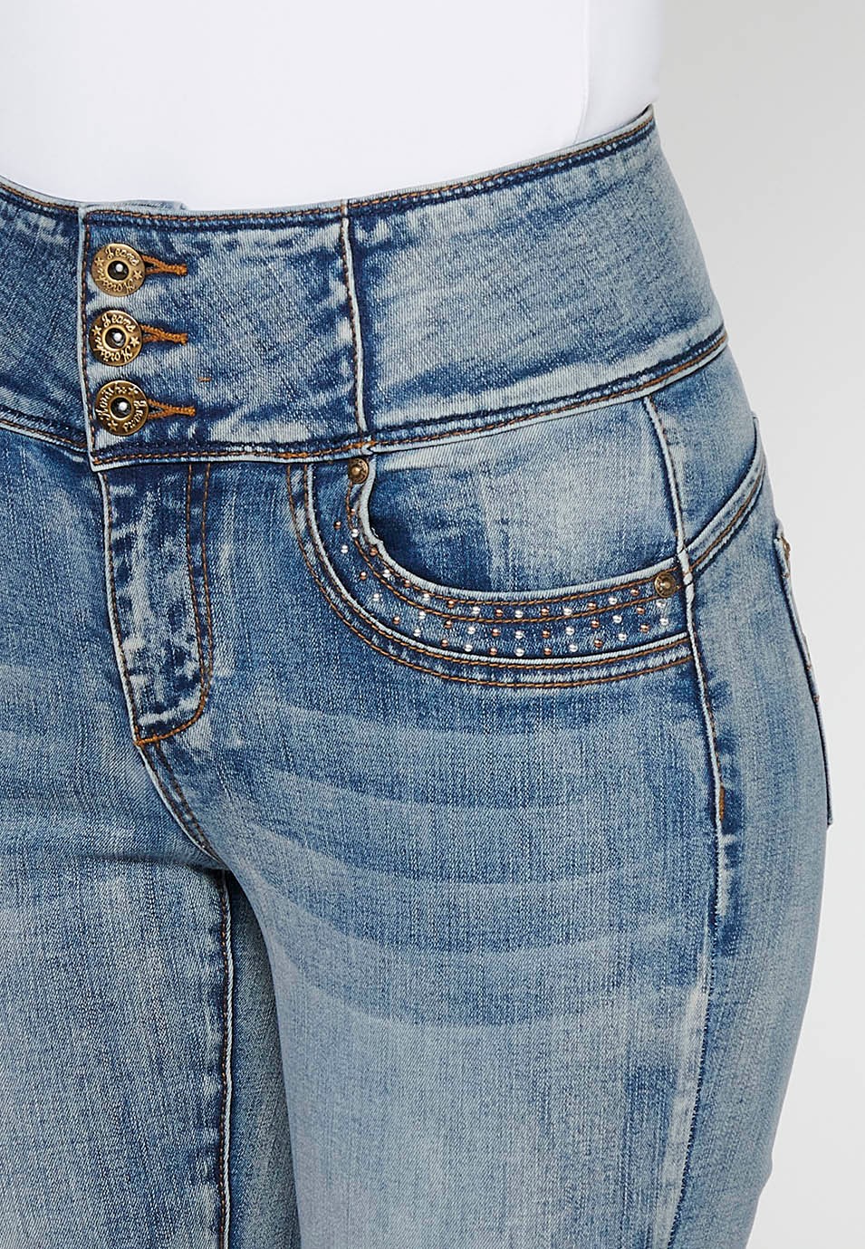 Pantalons llargs slim amb Cintura ampla de Tancament davanter amb cremallera i botó de Color Blau per a Dona 10