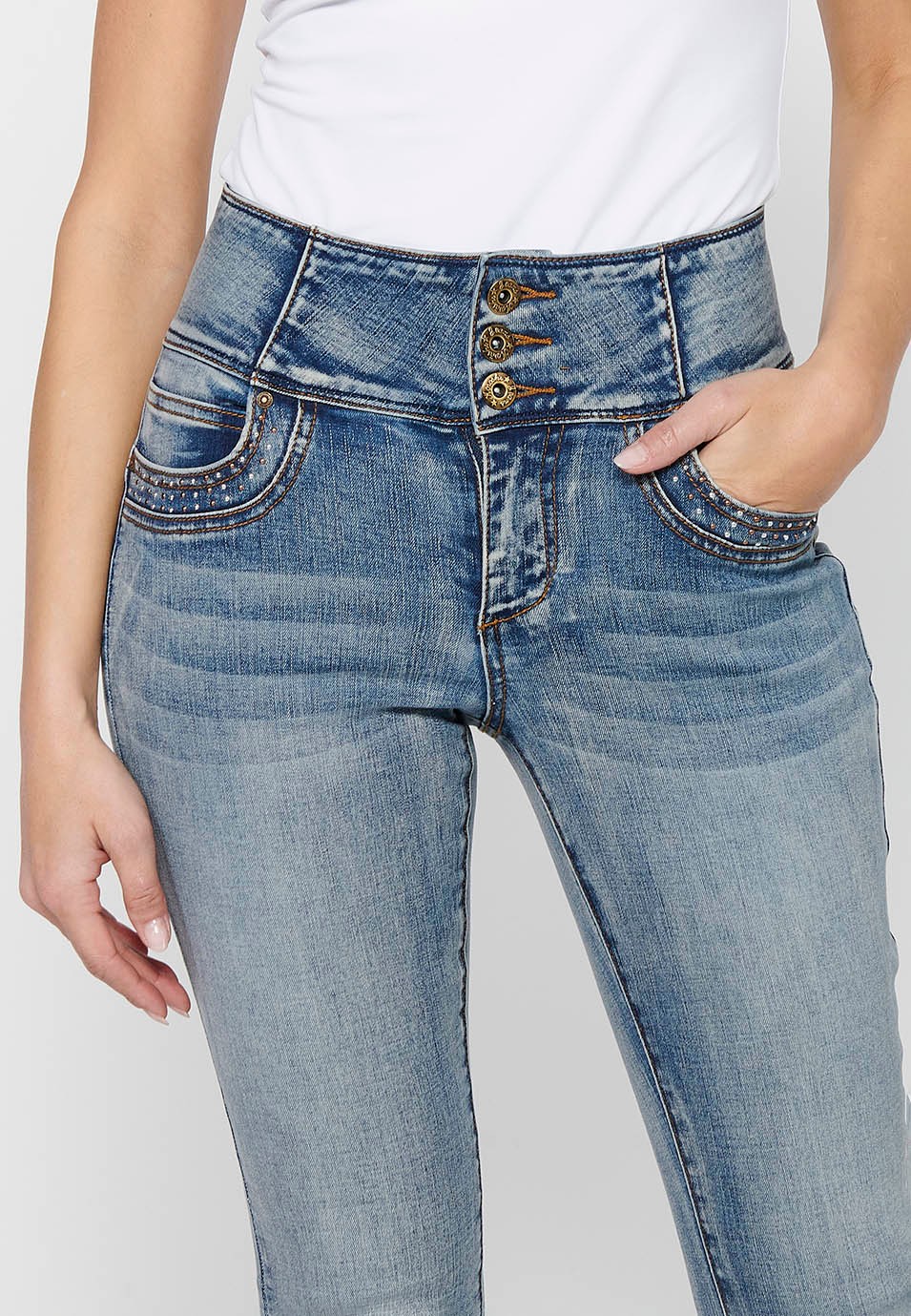 Pantalons llargs slim amb Cintura ampla de Tancament davanter amb cremallera i botó de Color Blau per a Dona 5