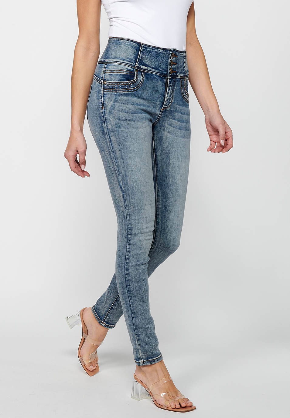 Pantalons llargs slim amb Cintura ampla de Tancament davanter amb cremallera i botó de Color Blau per a Dona 4