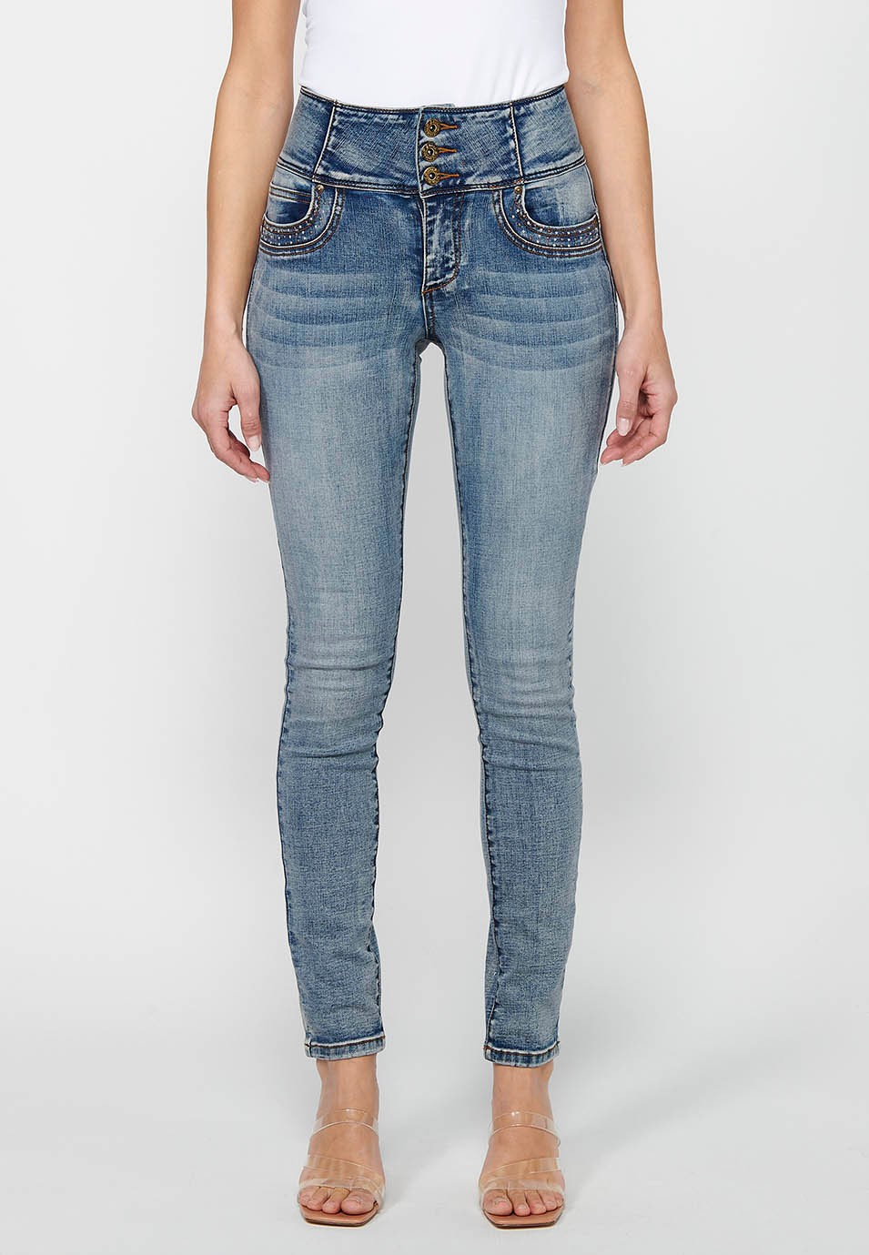 Pantalons llargs slim amb Cintura ampla de Tancament davanter amb cremallera i botó de Color Blau per a Dona 3