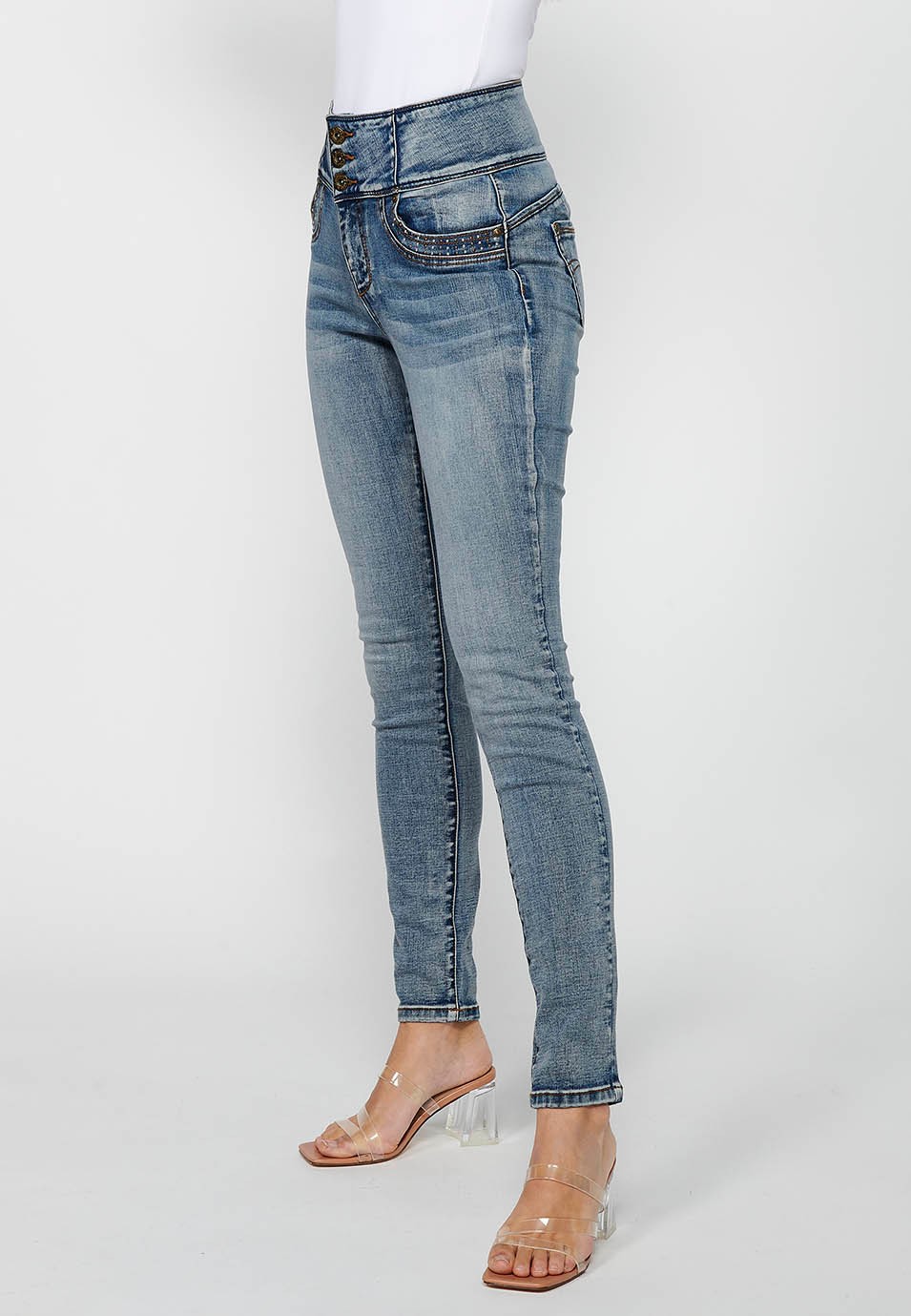 Pantalons llargs slim amb Cintura ampla de Tancament davanter amb cremallera i botó de Color Blau per a Dona 2