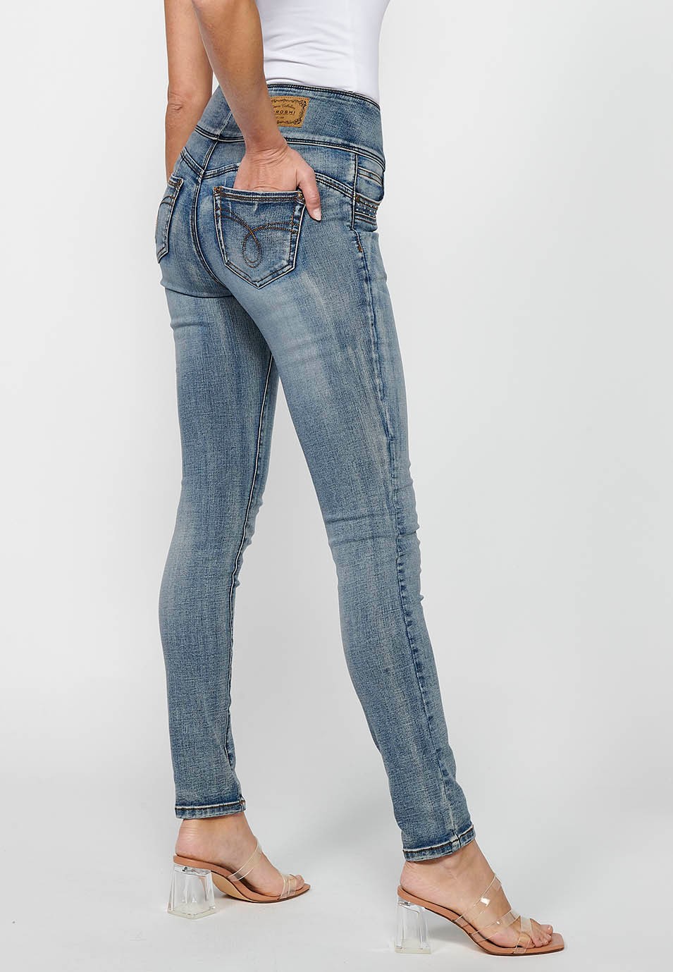 Pantalons llargs slim amb Cintura ampla de Tancament davanter amb cremallera i botó de Color Blau per a Dona 8