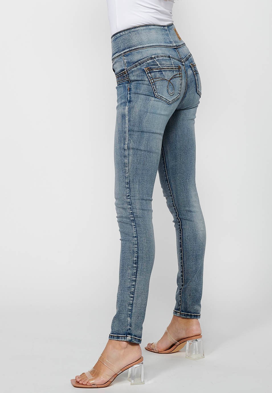 Pantalons llargs slim amb Cintura ampla de Tancament davanter amb cremallera i botó de Color Blau per a Dona 6