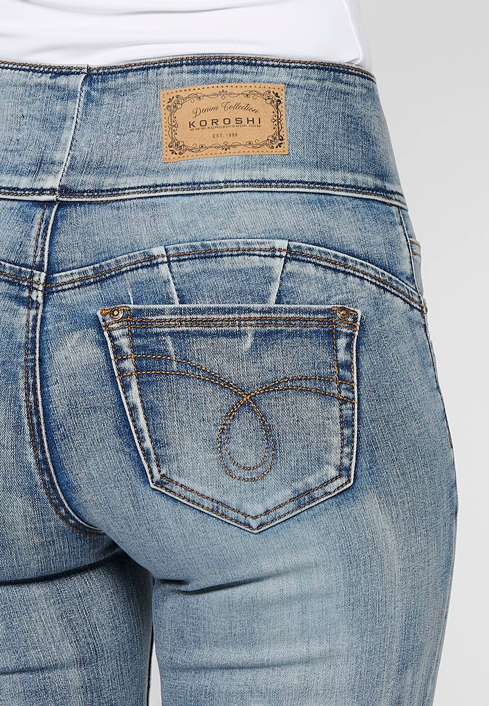 Pantalons llargs slim amb Cintura ampla de Tancament davanter amb cremallera i botó de Color Blau per a Dona 7