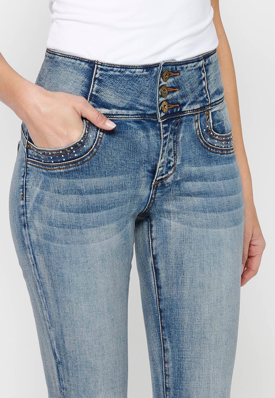 Pantalons llargs slim amb Cintura ampla de Tancament davanter amb cremallera i botó de Color Blau per a Dona 9