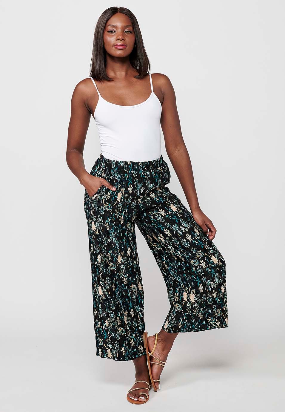 Pantalon long et large à taille caoutchoutée pour femme, imprimé floral multicolore